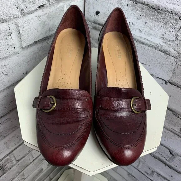 Naturalizer N5 Comfort Burgundy Leather Mid Block Heel Loafer Pump - Picture 2 of 9